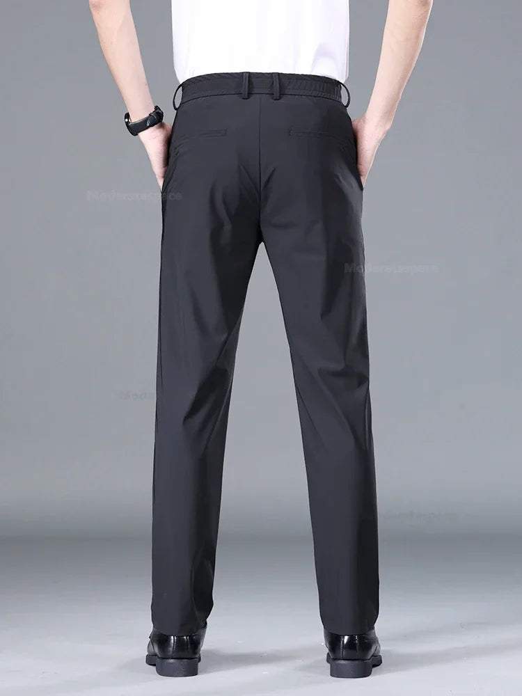 Summer Ultra-thin Casual Pants Men's High Elastic Quick-drying Ice Silk Straight Business Formal Casual Trousers Black Gray
