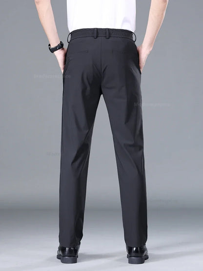 Summer Ultra-thin Casual Pants Men's High Elastic Quick-drying Ice Silk Straight Business Formal Casual Trousers Black Gray
