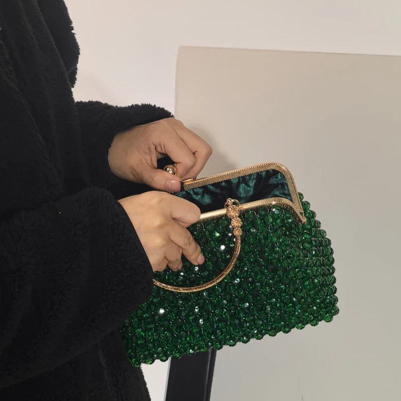 Emerald Green Handmade Beaded Clutch Bag | Vintage Gold Frame Evening Purse with Chain Strap for Party/Wedding/Cocktail