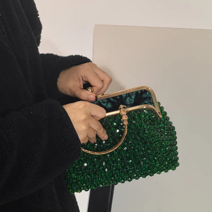 Emerald Green Handmade Beaded Clutch Bag | Vintage Gold Frame Evening Purse with Chain Strap for Party/Wedding/Cocktail