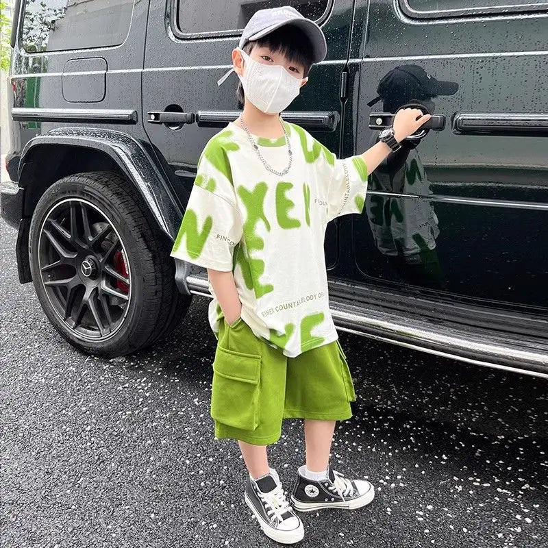 Printed Short Sleeve Children's Boy's Clothing Summer Suit Set Tees Tracksuit T-shirts Boy´s Elementary Student Men's Clothes