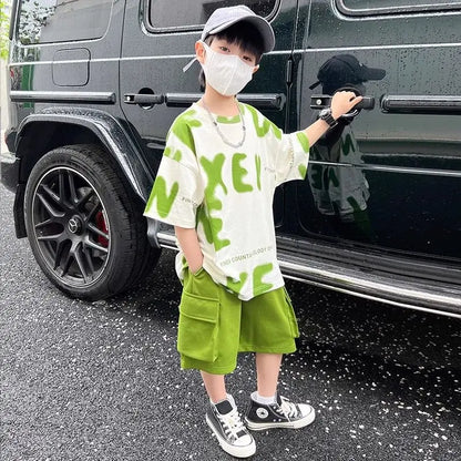 Printed Short Sleeve Children's Boy's Clothing Summer Suit Set Tees Tracksuit T-shirts Boy´s Elementary Student Men's Clothes