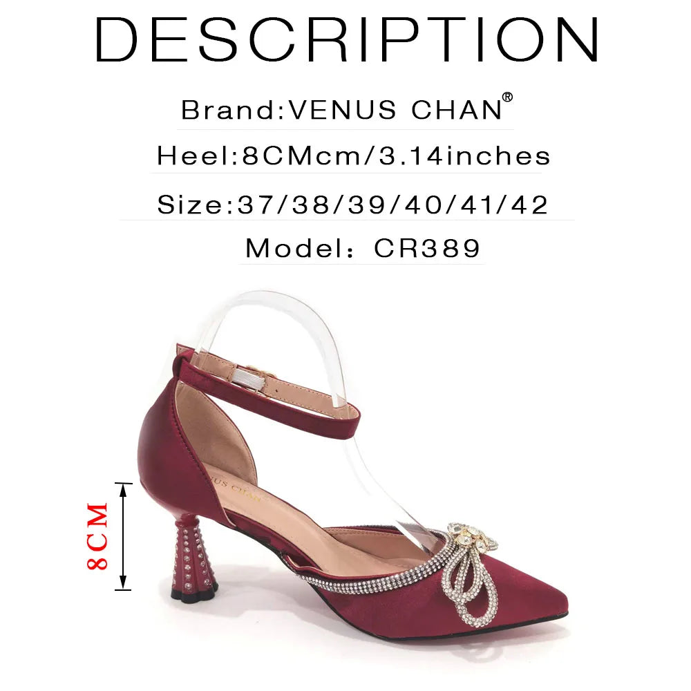 2023 Ladies Pointed-Toe Party High Heels Magenta Colour Bow Rhinestone Stereo Bag Evening  African Wedding Shoe And Bag Set