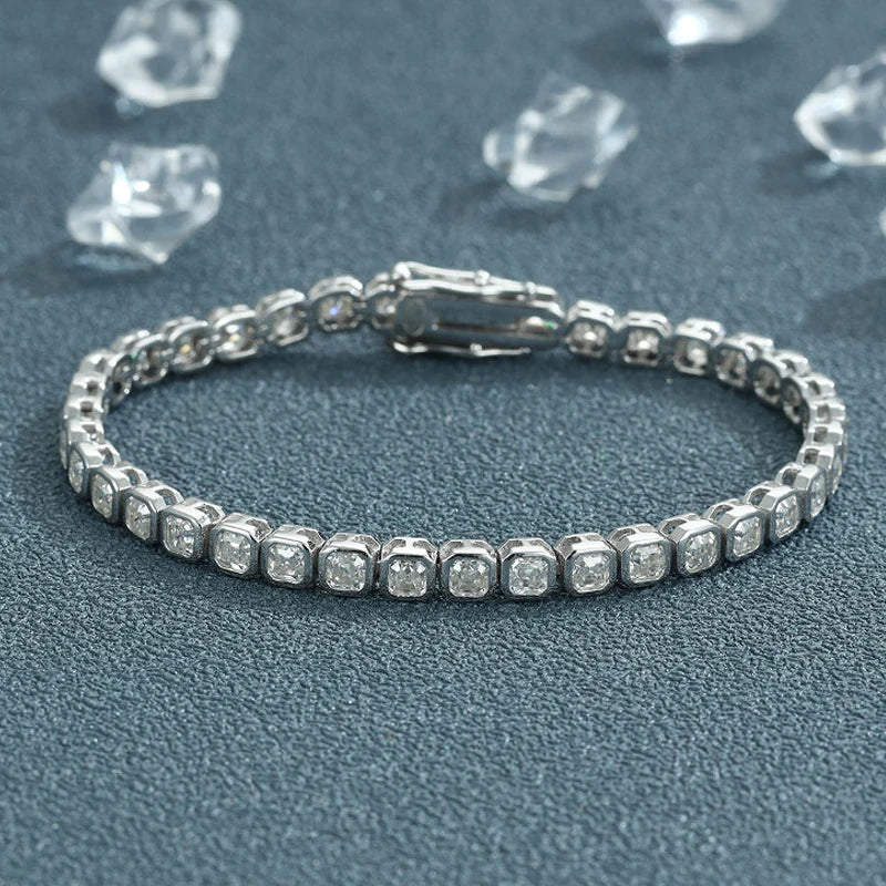 Full Asscher Cut 3x3mm 0.15CT Bezel Type Moissanite Tennis Bracelet for Women Men Party 925 Silver GRA Certified Bracelets