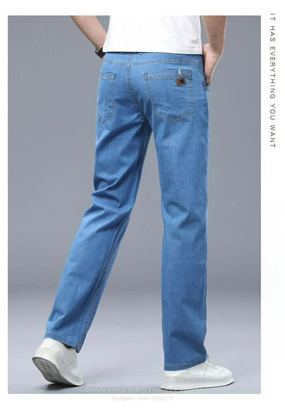 Summer Thin Men's Elastic Cotton Jeans Fashion Business Straight Casual Denim Pants Male Work Clothes Slim Trousers Plus Size 40