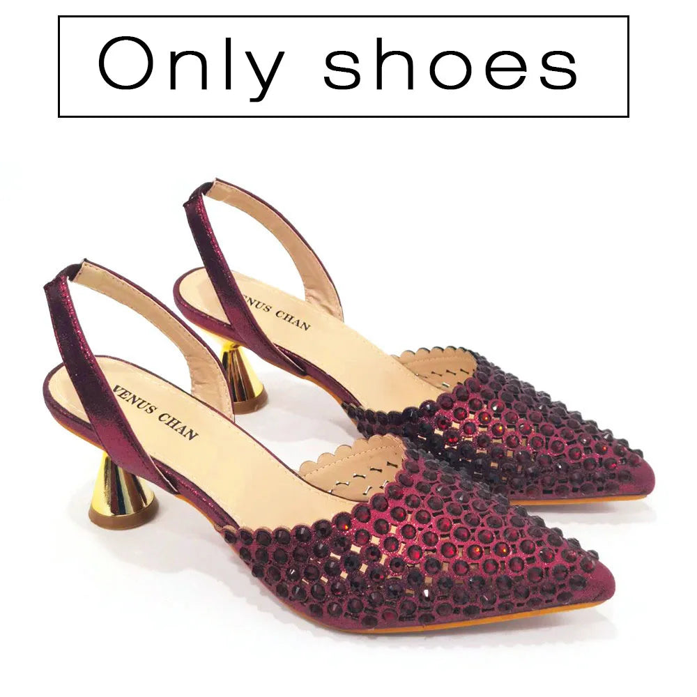 Shoes for Women High Heels 2023 Pointed Luxury Designer Colorful Stones Evening Party Matching Shoes and Bags Sets