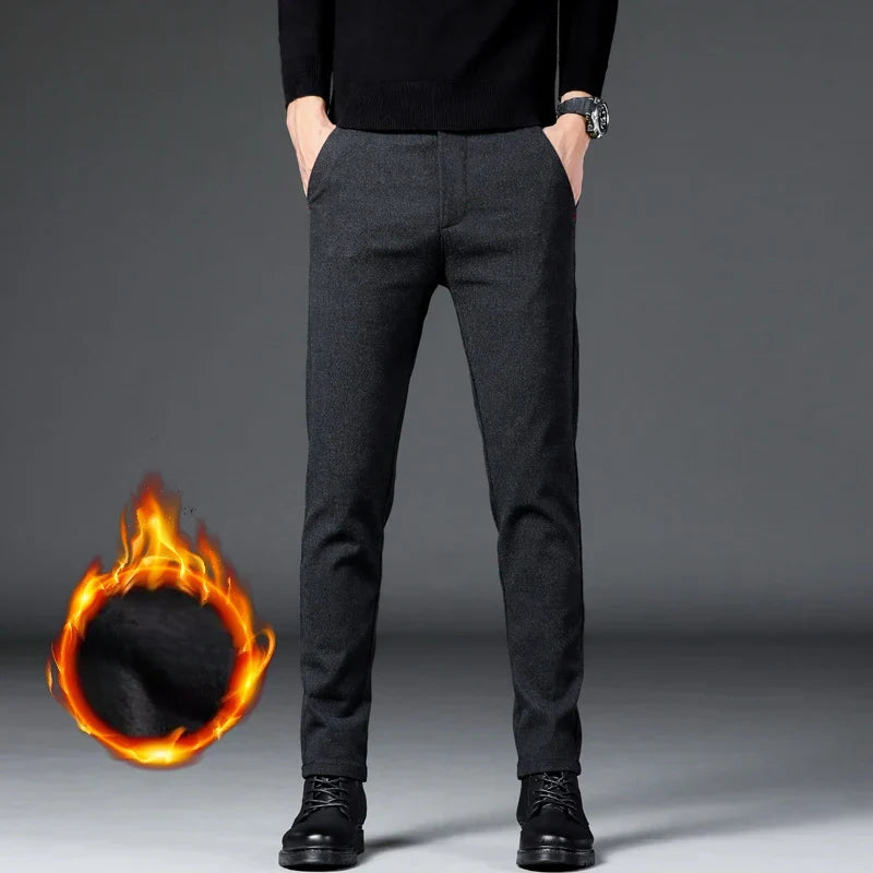 Fashion Men Thermal Fleece Casual Pants Winter Thick Straight Slim Velvet Trousers Brand Clothing Korean Male Pants Size 28-38