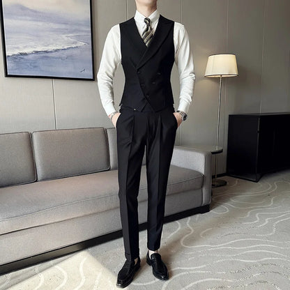 Man Waistcoat British Style Turn Down Collar Men Suit Vest Slim Sleeveless Single-breasted Male Business Casual Vest