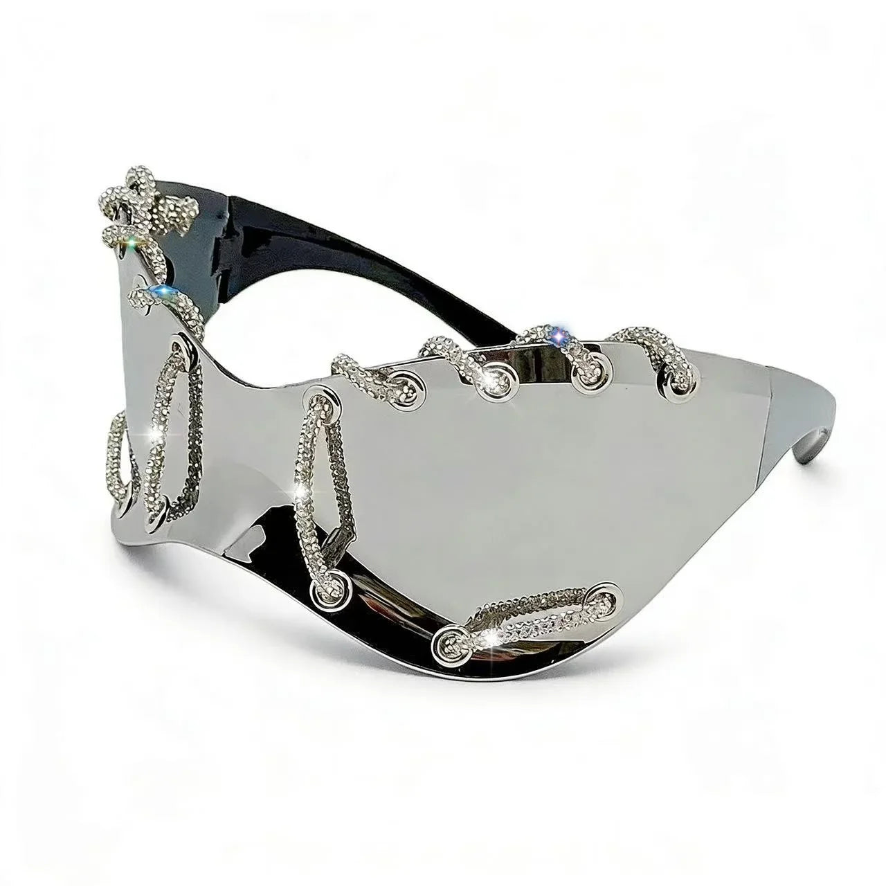 Women's Exaggerated Oversized One-Piece Rhinestone Chain Sunglasses Y2K Retro Futuristic Fashion Silver Goggles Shades for Party