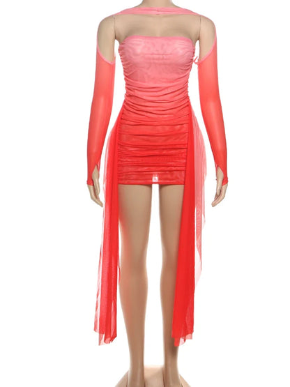 Mesh Simple Mini Dress Fashion Solid Strapless Ribbons Tassel Body-shaping Vestidos+Seperately Full Sleeve Gloves
