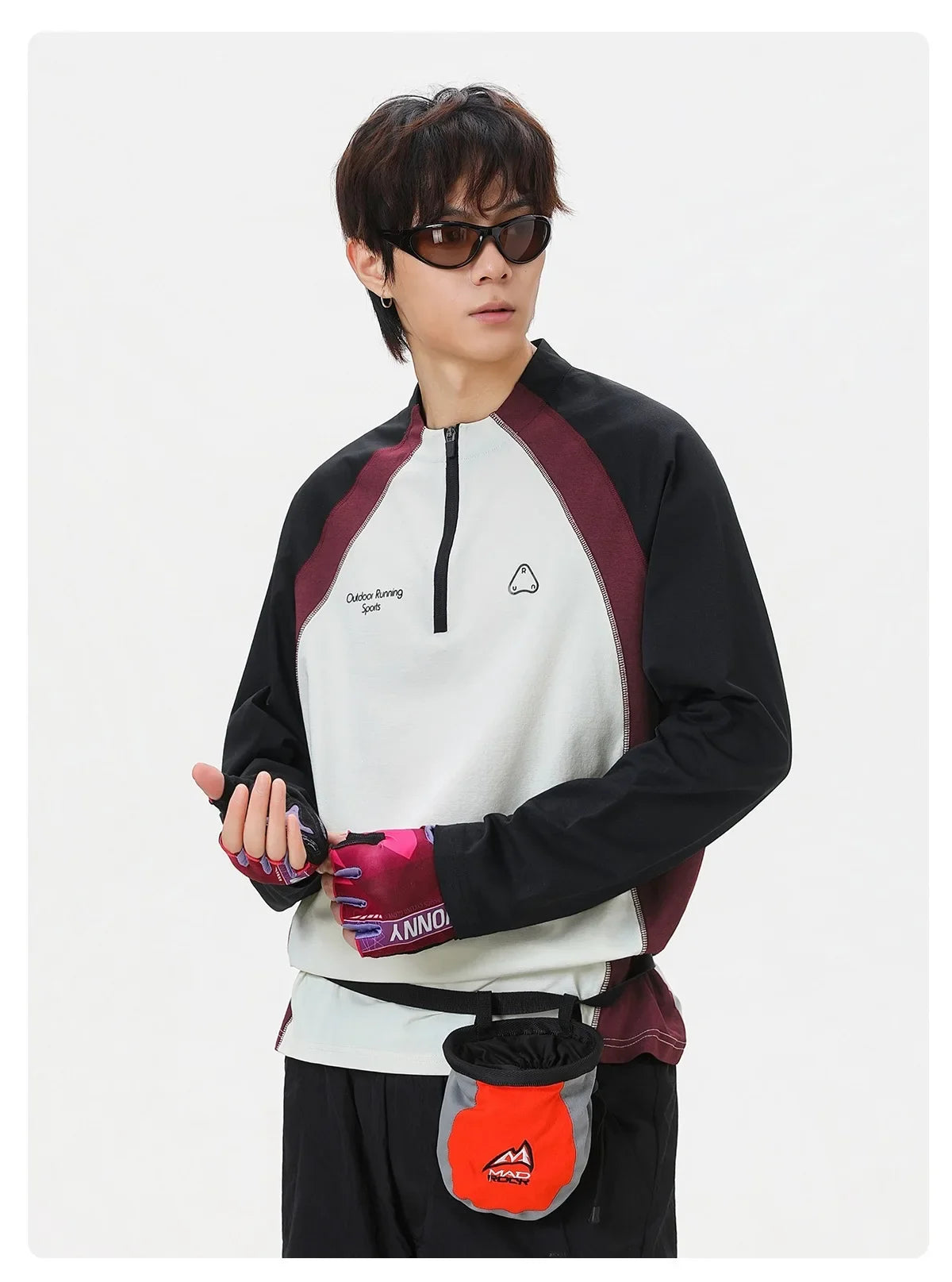 Men's Retro Colorblock Raglan Sleeve Long Sleeve T-Shirt – Loose Fit Half-Zip Athletic Top with Moisture-Wicking Fabric