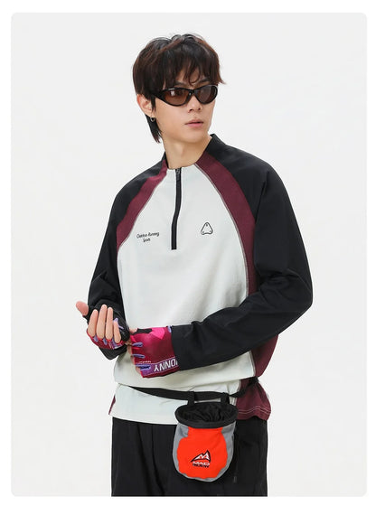 Men's Retro Colorblock Raglan Sleeve Long Sleeve T-Shirt – Loose Fit Half-Zip Athletic Top with Moisture-Wicking Fabric