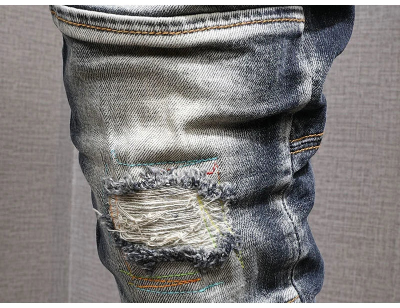 Fashion Streetwear Men Jeans Retro Black Blue Elastic Slim Fit Ripped Jeans Men Spliced Designer Embroidery Hip Hop Denim Pants