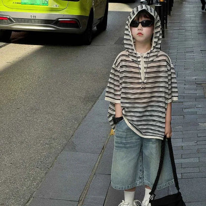 2025 Summer New Boys' Korean Casual Hooded Short Sleeve T-Shirt Loose Trendy Kids' Sportswear Outfit