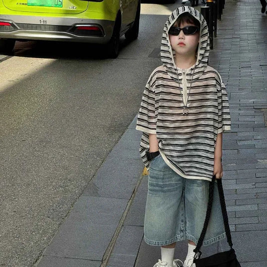 2025 Summer New Boys' Korean Casual Hooded Short Sleeve T-Shirt Loose Trendy Kids' Sportswear Outfit
