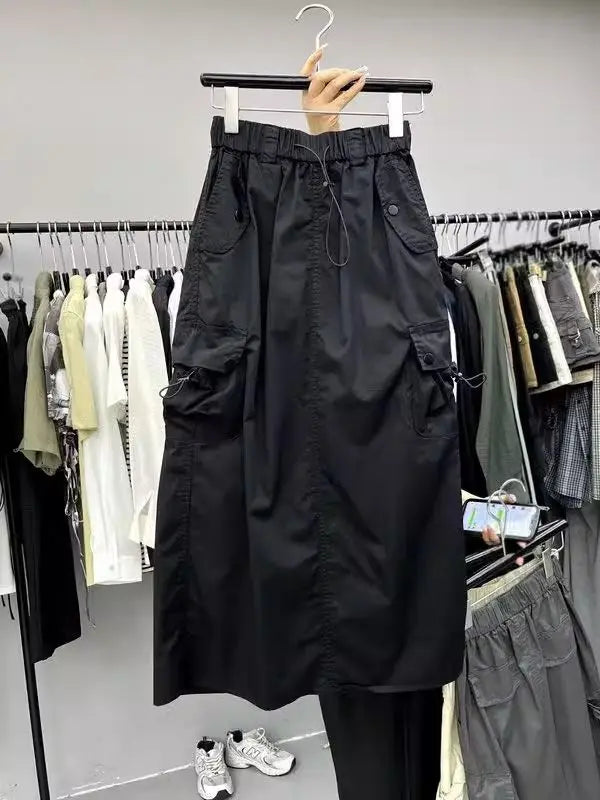 Vintage Skirts for Women American Fashion High Waist Back Slit Cargo Skirt Streetwear All-match Pockets Trendy Harajuku Chic New