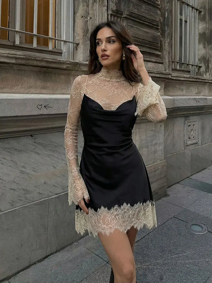 Women Elegant Fashion Lace Patchwork Dress Flare Sleeve Slim Mini Dresses 2026 Spring Summer Lady Sexy Party Evening Dress