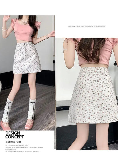 Floral Skirts Women Denim Mini A-line Sweet High Waist Korean Fashion Age-reducing Summer Lovely Girls Tender Temperament Ins