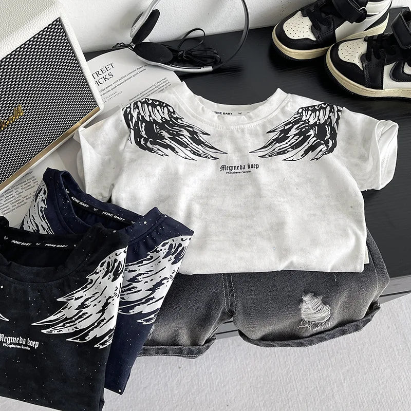 0-5Years New Baby Boy Fashion Cool Summer Clothes Suits Toddler Wings Printed T-shirt+Ripped Jeans 2pcs/sets Children Tracksuits