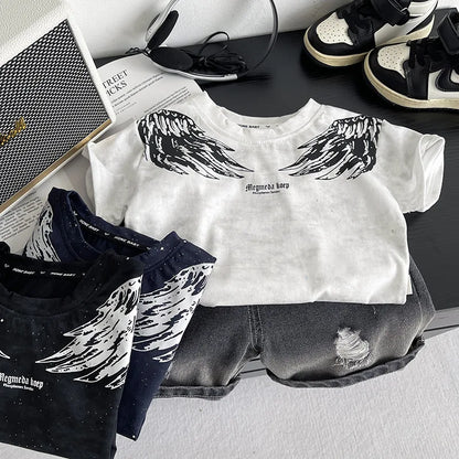 0-5Years New Baby Boy Fashion Cool Summer Clothes Suits Toddler Wings Printed T-shirt+Ripped Jeans 2pcs/sets Children Tracksuits