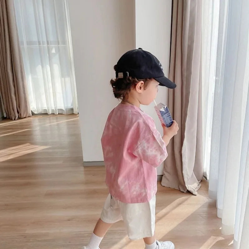 2025 New 100% Cotton Kids Tie Dye Short Sleeve T-Shirt Summer Boys Girls Clothing