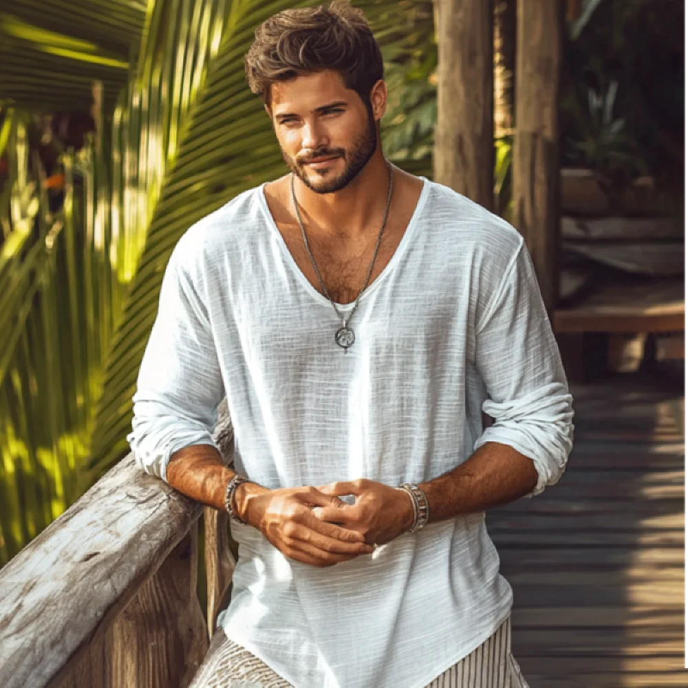 3XL Sexy Curved Hem V Neck Long Sleeve T Shirt Men Loose Fit Casual Daily Office Beach Lightweight See Through Basic Tee Sheer