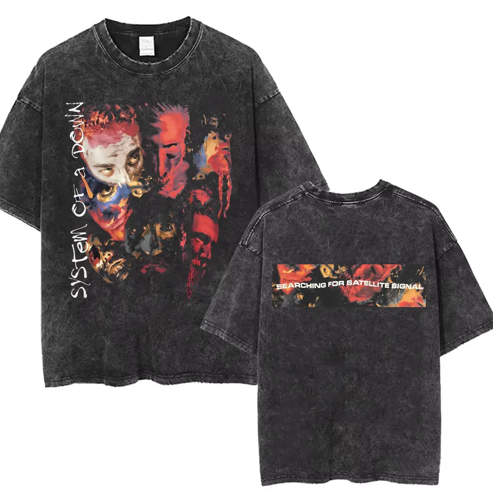Washed Vintage Rock Band System of A Down Mezmerize Printed T-shirts Men Fashion Classic Metal Tshirt Male Oversized Streetwear