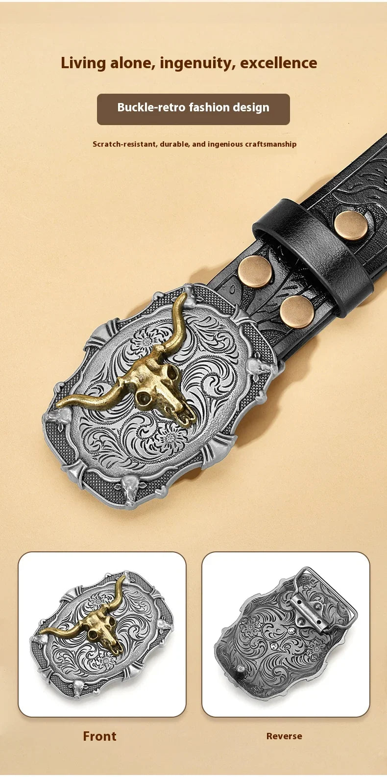 Western Cowboy PU Leather Belt - Men Waist Strap Bull Decoration Floral Engraved for Jeans