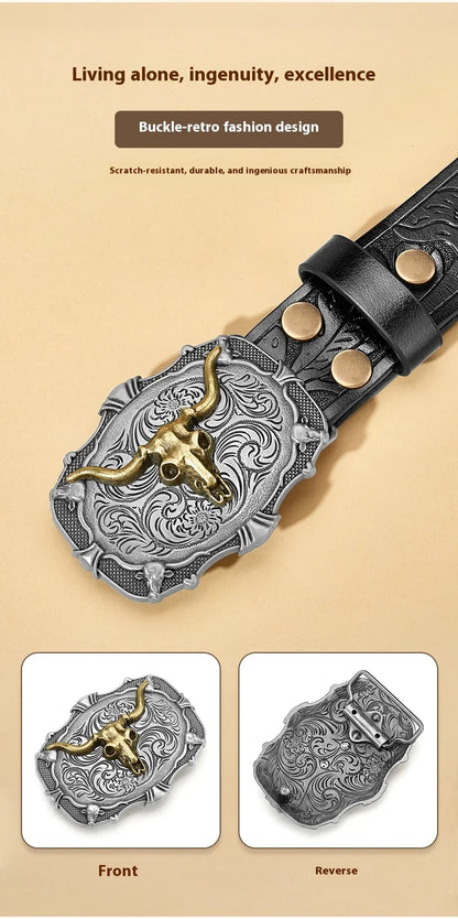 Western Cowboy PU Leather Belt - Men Waist Strap Bull Decoration Floral Engraved for Jeans