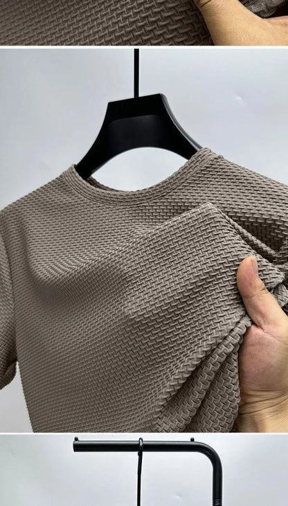 Men Ice Silk Bamboo Mesh T-shirt Summer Elastic Short Sleeve Round Neck Tees Casual Slim Fit Basic Tops Trendy Male Daily Streetwear Shirts
