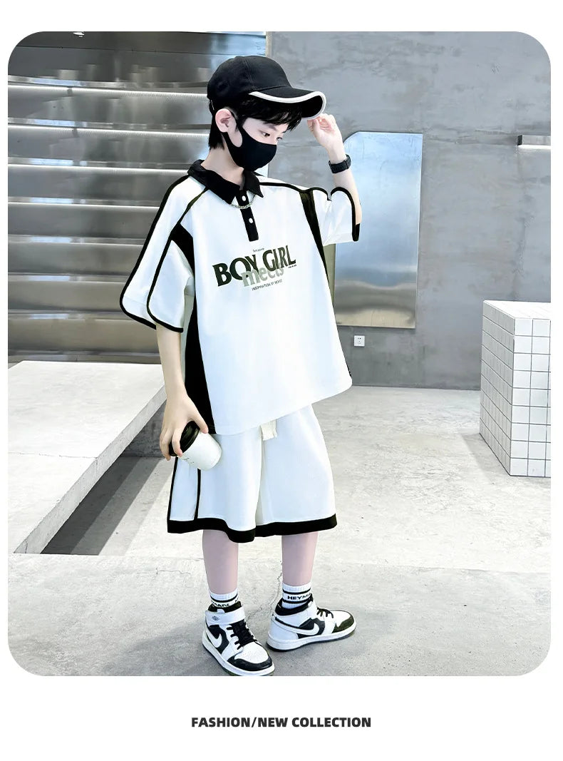 Summer Boys Patchwork Alphabet Preppy T-Shirt Tops+Drawstring Shorts Pant Set School Kids 2PCS Tracksuit Children Outfits 5-16Yr