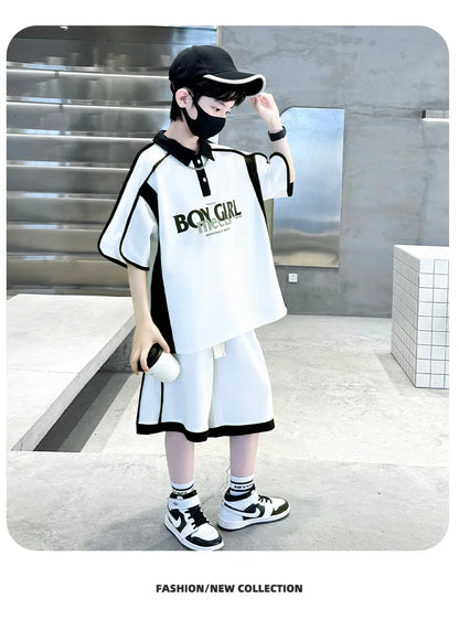 Summer Boys Patchwork Alphabet Preppy T-Shirt Tops+Drawstring Shorts Pant Set School Kids 2PCS Tracksuit Children Outfits 5-16Yr