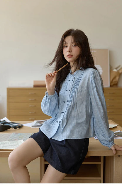 Women's Shirt 2025 Autumn Blue Polka Dot Chiffon Loose Shirt Stand Collar Double Row Buckle Lantern Sleeve Top MXE41X1926