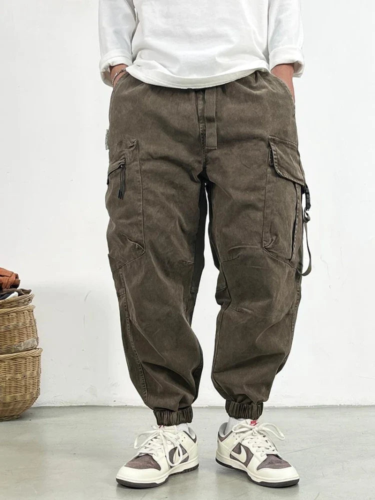 High Quality Snow Wash Distressed Cargo Pants Men Korean Fashion Plus Size Harem Pants Streetwear Joggers Casual Baggy Trousers
