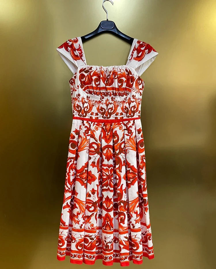 2026 Summer Women's New Fashionable Square Neck Short Sleeve Cotton Printed Waist cinching Mid length Dress