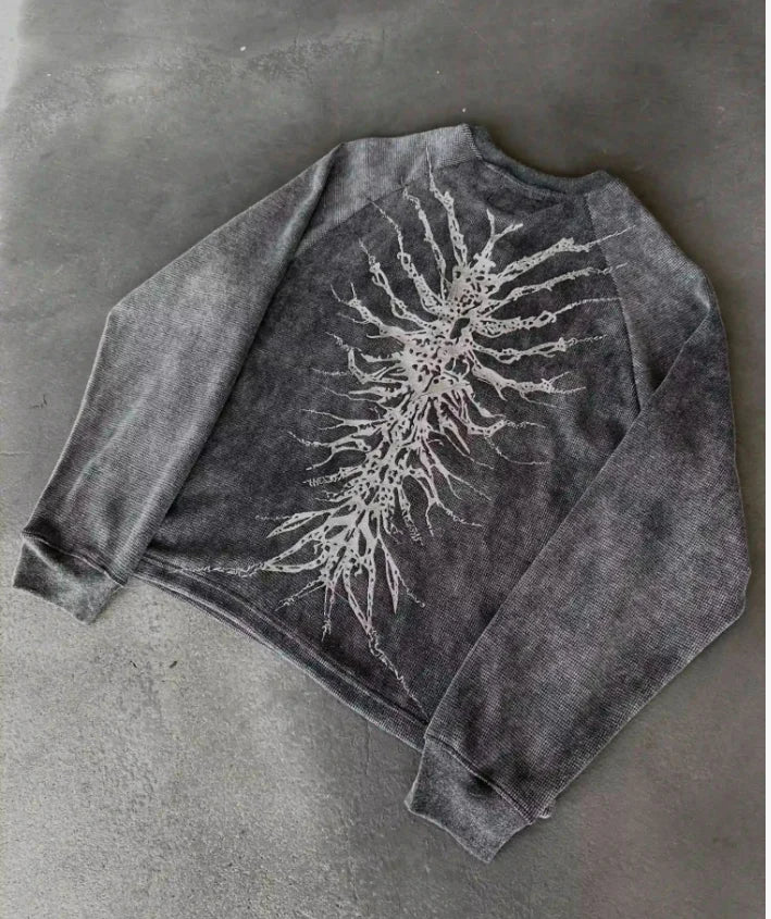 Y2K Nematode Phantom Thread Printing Long Sleeve T Shirt Loose and Heavy Style Old Washed Gothic Retro Street Fashion Top