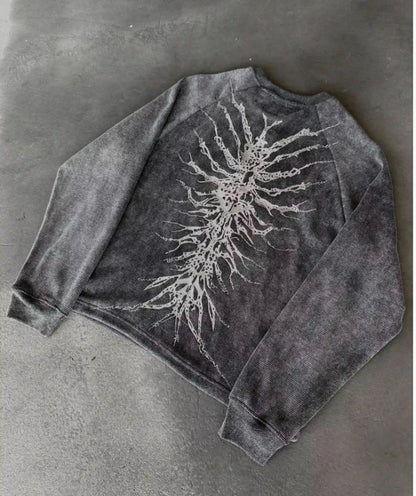 Y2K Nematode Phantom Thread Printing Long Sleeve T Shirt Loose and Heavy Style Old Washed Gothic Retro Street Fashion Top