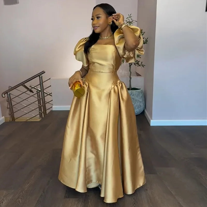 Elegant Dress for Women's Puff Sleeve Square Collar Gold Solid Pleated A-line Evening Party Cocktail Maxi Dresses