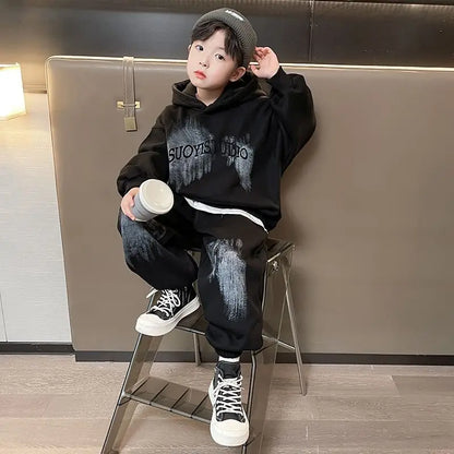 Print Hoodies Set Korean Kids Clothes Children 4 7 Years Clothing Children's From 8 12 Top Bottom Boys Boy Autumn Winter Child