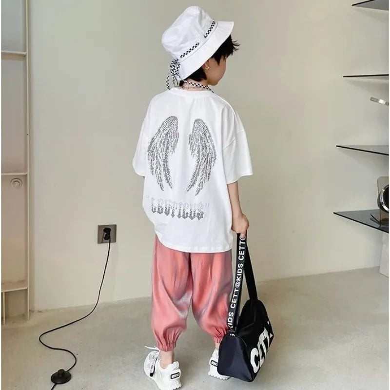 Wings with Rhinestones Trendy Short-sleeve for Kids T-shirt Children Clothes 7 To 14 Years Child 2025 Children's Clothing Korean