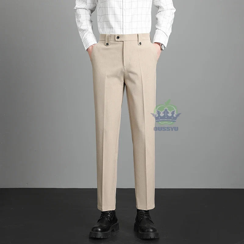 Brand High Quality Business Suit Ankle Length Pants Men Grey Khaki Waist Design Work Office Formal Long Trousers Male