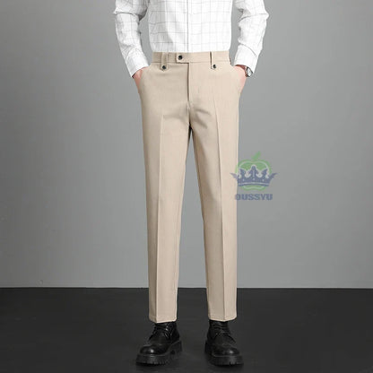 Brand High Quality Business Suit Ankle Length Pants Men Grey Khaki Waist Design Work Office Formal Long Trousers Male