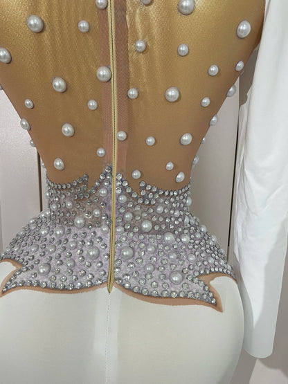 Luxury Sparkly Diamonds Pearl White See Through Mesh Long Dress Women Wedding Evening Party Stage Performance Photoshoot Dress