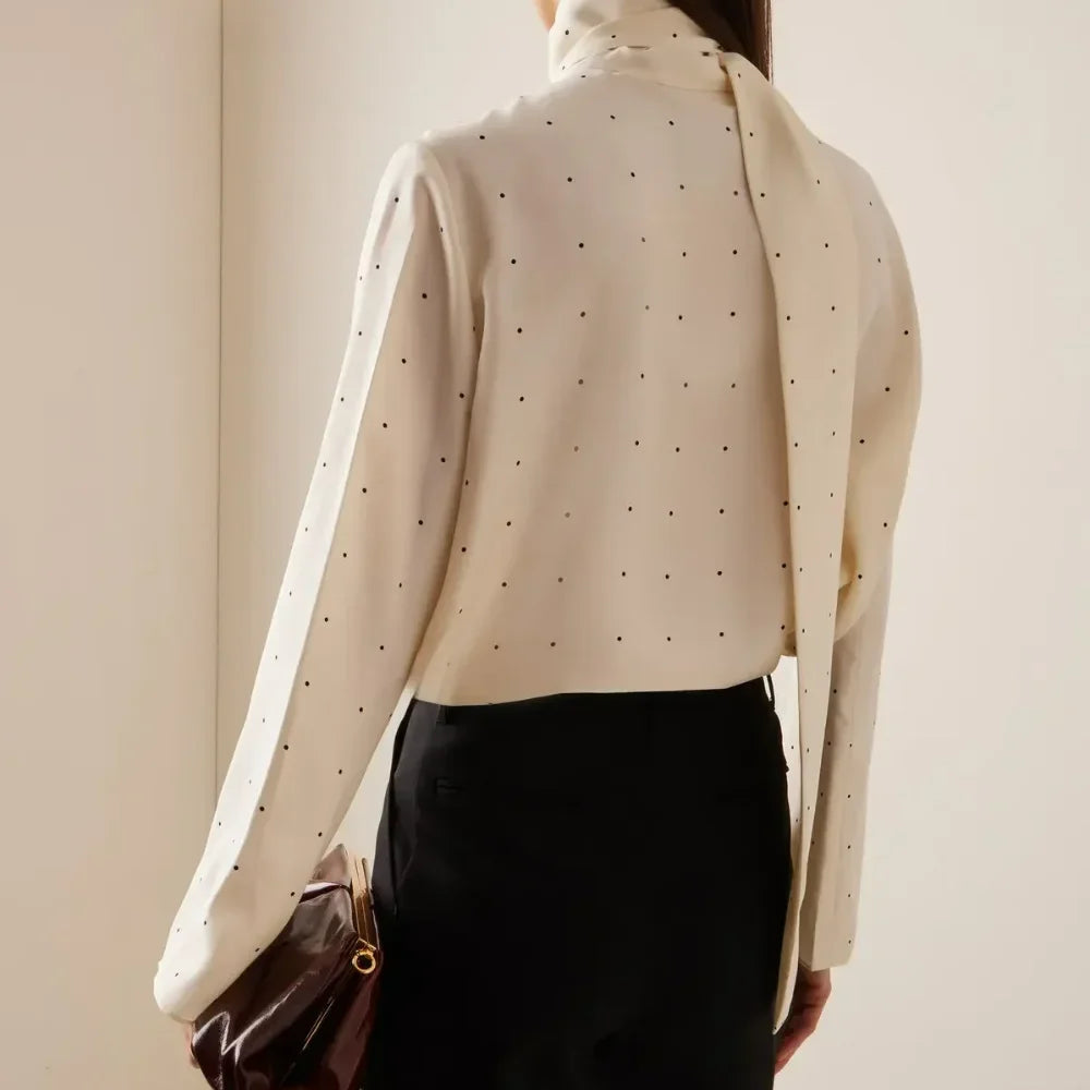 Satin Scarf Neck Polka Dot Printing Women Blouse Fashion Full Sleeve Loose Basic Shirt Lady Spring Highstreet Commute Wears New