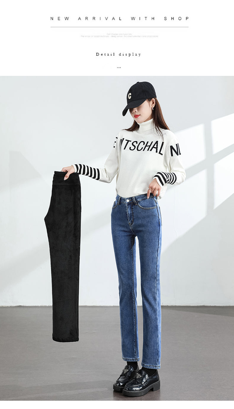 Women's Winter Fleece Warm Jeans Retro Slim Straight Elastic Cotton Thickened Warm Denim Pants Fashion Female Clothing