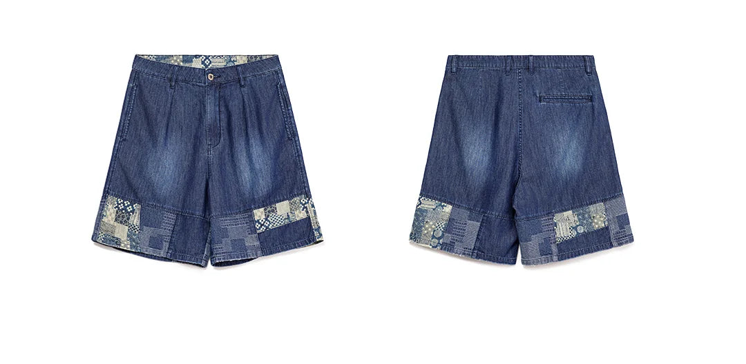 Maden Men's American Retro Slub Texture Washed Denim Shorts Vintage Cloth Spliced Five Inch Loose Casual Workwear Daily Trousers
