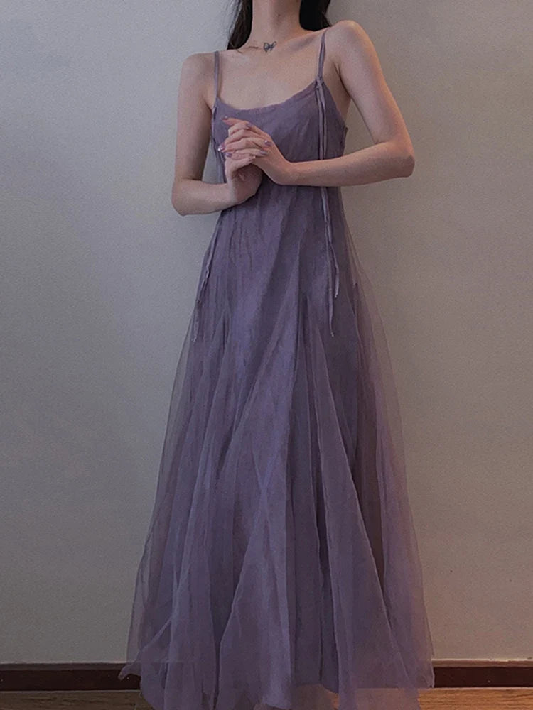 Slimming Effect Purple Mesh Ankle-Length Dress Women's plus Size Strapless Gown Korean Style High Waist A-Line Skirt