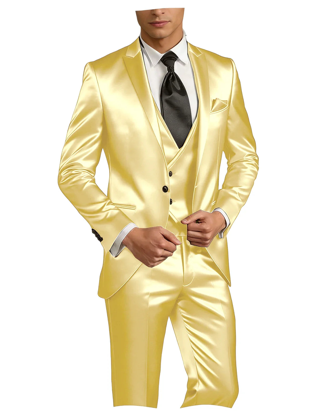 Luxury Men's Satin Suit 3 Piece Set Notch Lapel Slim Fit 1 Button Blazer Vest Pants for Formal Groom Groomsmen Prom Party
