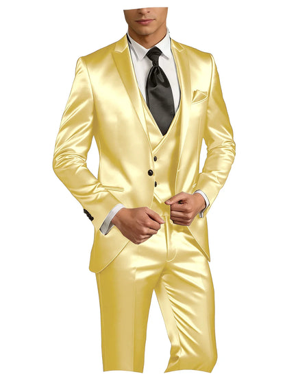Luxury Men's Satin Suit 3 Piece Set Notch Lapel Slim Fit 1 Button Blazer Vest Pants for Formal Groom Groomsmen Prom Party