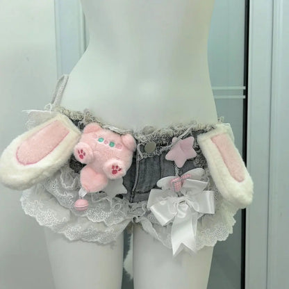 Niche Designer Handmade Cute Sexy Lace Hot Girl Sling Stitching Low Waist Super Short Shorts